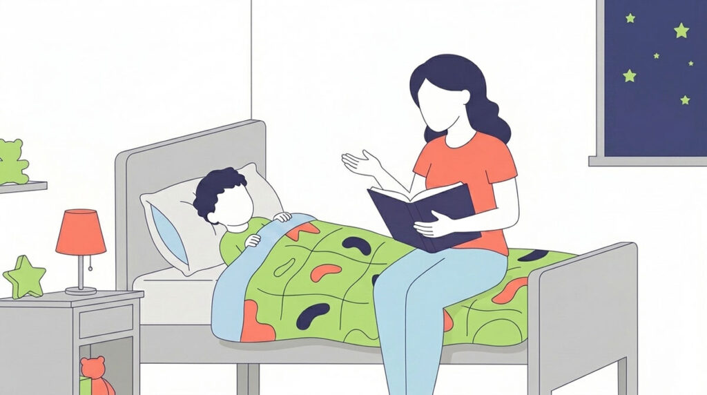 Mom reading bedtime stories to her son